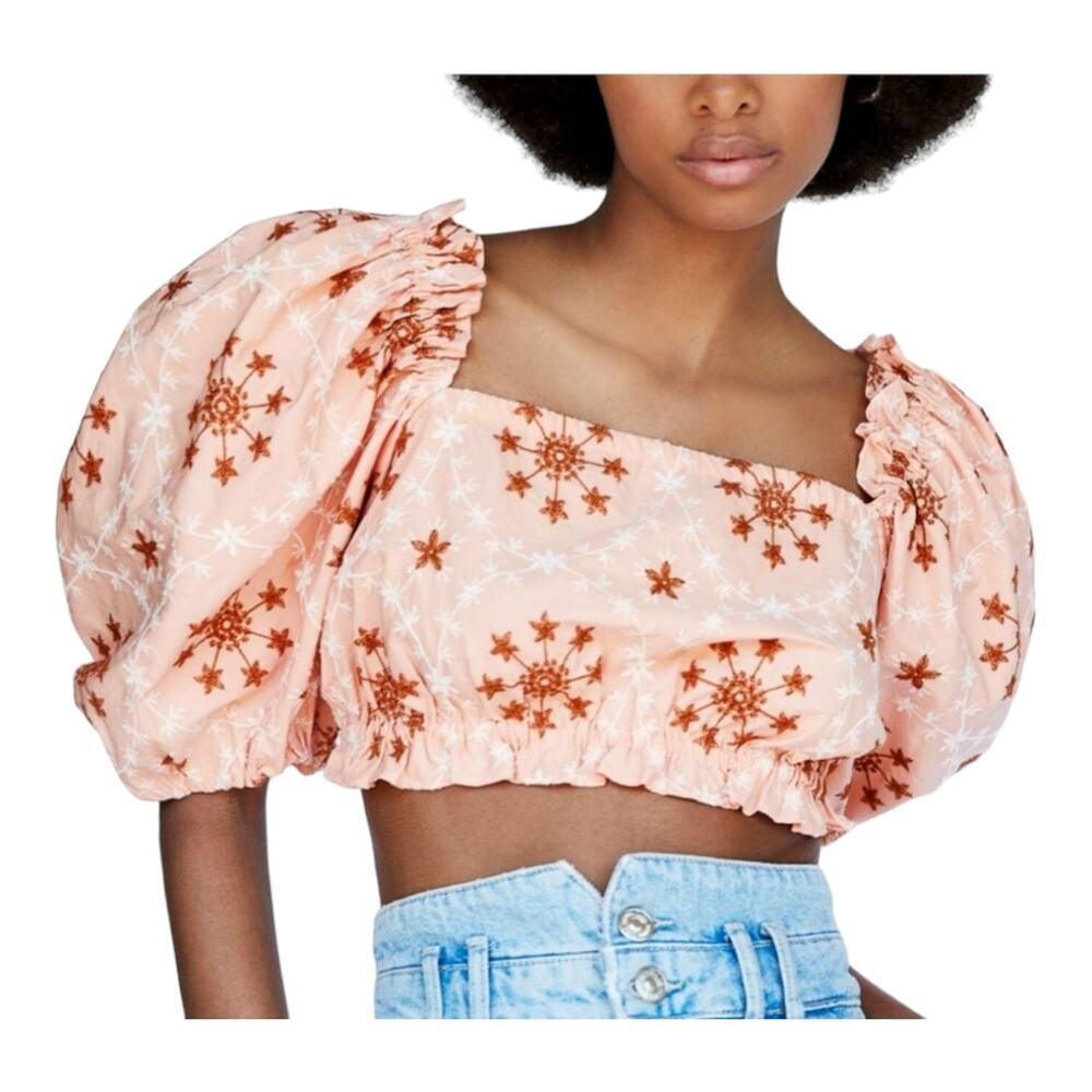 ZARA Salmon Puff sleeves embroidered crop topSize M